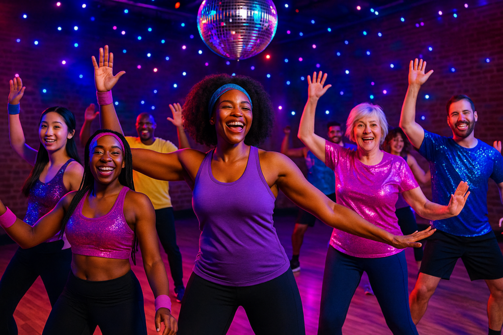 An IA generated image of people of varying ages and ethnic backgrounds having fun in a disco themed group fitness class, with a mirror ball above them.